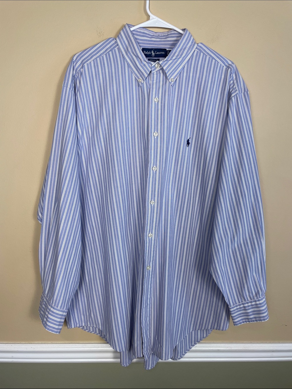 Ralph Lauren Men’s Yarmouth Striped Blue Purple White Button-Up Dress Shirt 17.5